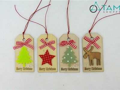 Phụ kiện treo Noel thẻ tag gỗ nơ đỏ caro X-PKTCT-23